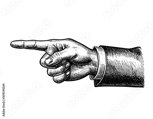 Detailed hand, ink drawing, pointing