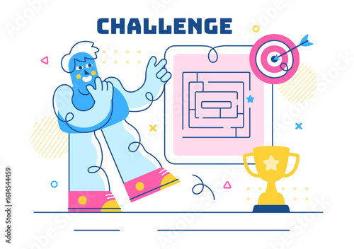 Challenge Vector Illustration Featuring a Businessman Running to the Top of a Graph and Overcoming Obstacles to Achieve Success in a Flat Background