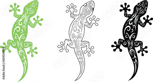 Vector gecko illustration set: tribal tattoo design, black and white gecko art, lizard graphic design editable