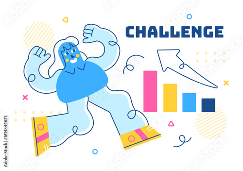 Challenge Vector Illustration Featuring a Businessman Running to the Top of a Graph and Overcoming Obstacles to Achieve Success in a Flat Background