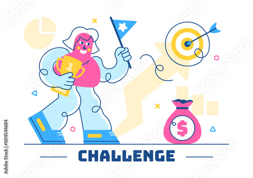 Challenge Vector Illustration Featuring a Businessman Running to the Top of a Graph and Overcoming Obstacles to Achieve Success in a Flat Background