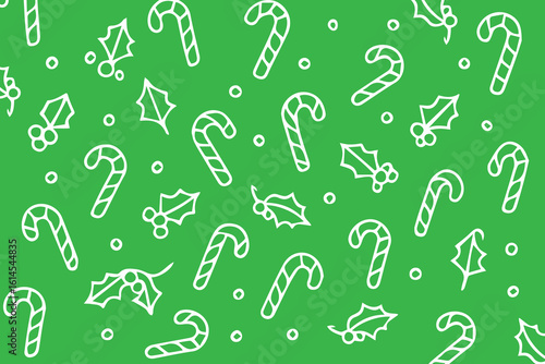 Green vector background featuring Christmas themed doodles of candy canes and leaves, outlined in white, creating a festive, playful, and cheerful holiday atmosphere.