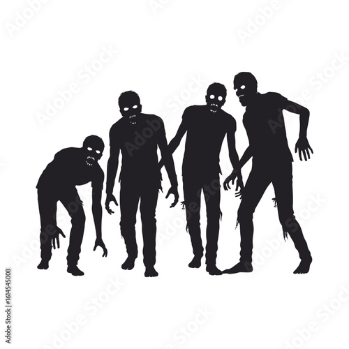 Creepy group of zombie silhouettes walking forward on white background.