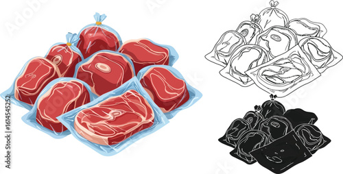 Cartoon meat packaging vector illustration, fresh meat cuts in plastic wrap for grocery store sale editable