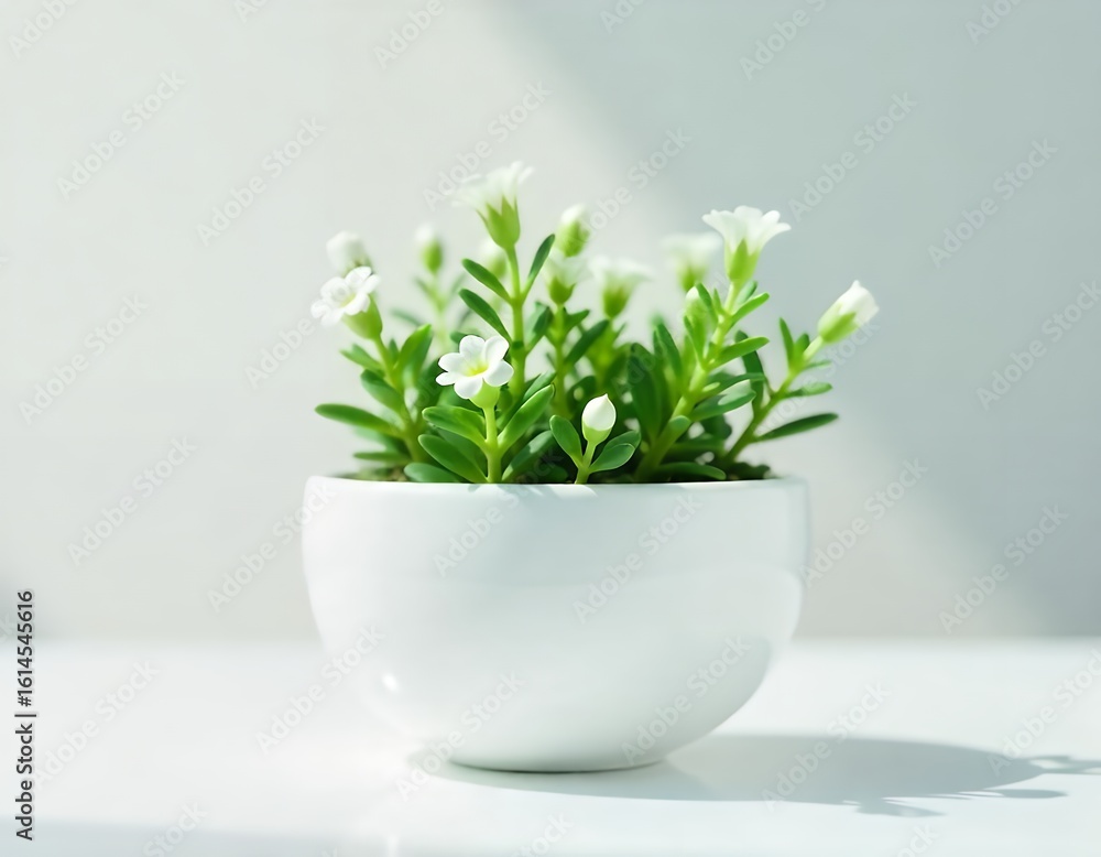 Delicate white flowers in a white pot with green leaves potted plant Delicate white flowers in a white pot with green leaves potted plant