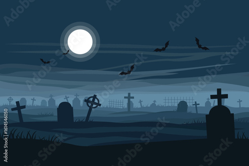 A moonlit graveyard scene at night, featuring numerous tombstones and flying bats.