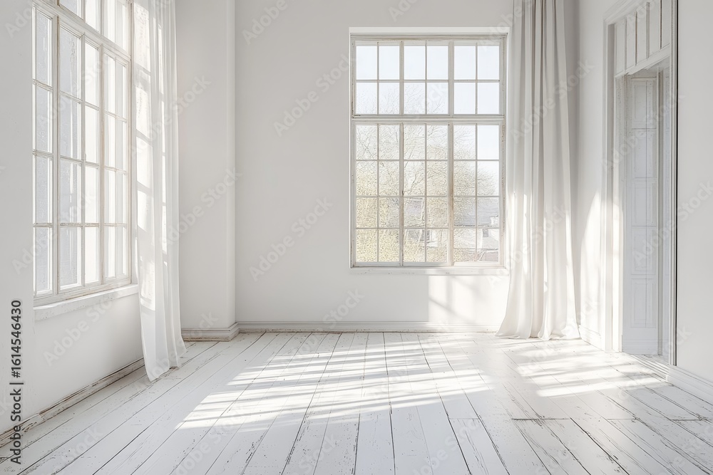 Fototapeta premium Interior of a modern white apartment panorama, providing a clean and open space, Generative AI