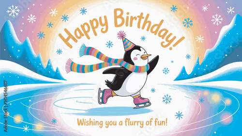 Penguin Ice Skating Birthday Card with Winter Landscape and Flurry of Fun Message