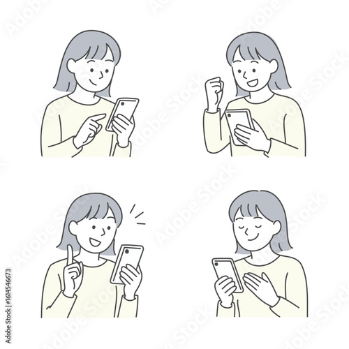 スマートフォンを操作する女性の表情バリエーションイラストセット