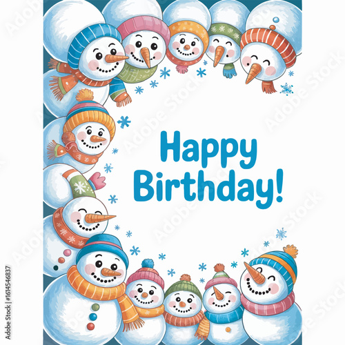 Snowman Birthday Bash: Cheerful Snowmen Border with 'Happy Birthday!' Message for Winter Fun