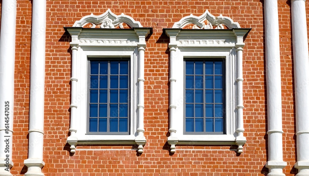 Obraz premium Two ornate windows on a brick building