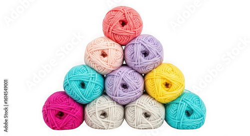 Colorful yarn balls stacked in a pyramid shape isolated on transparent background