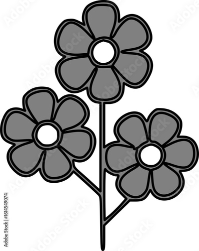 Three stylized flowers with rounded petals and circular centers on a single stem.