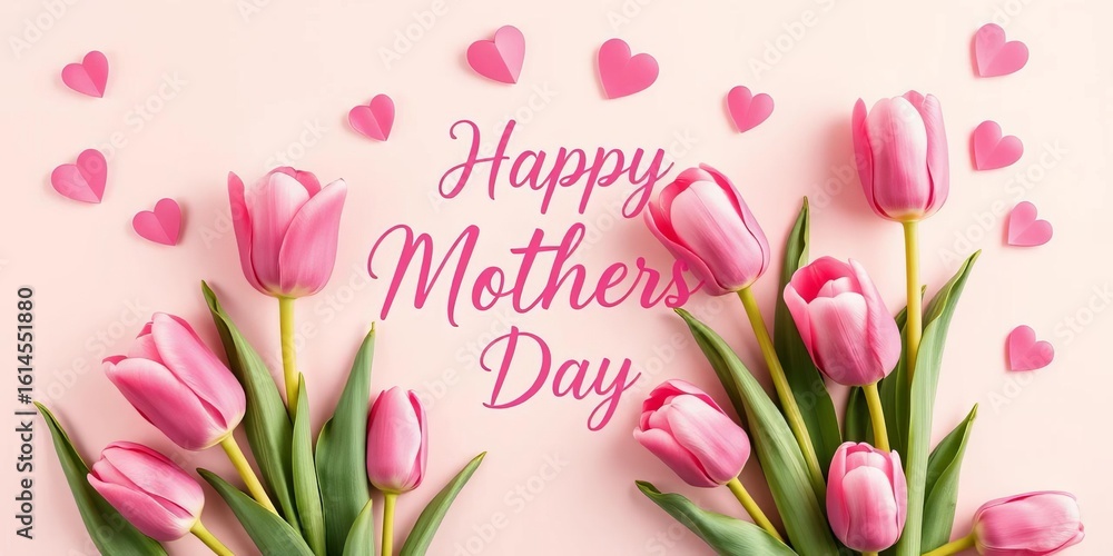 Fototapeta premium Pink tulips, hearts, Happy Mother's Day calligraphy on elegant background, script, cheerful