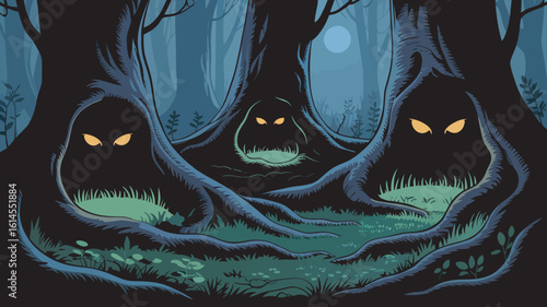 Enigmatic Forest Guardians Vector Illustration with Glowing Eyes in Dark Woods at Night