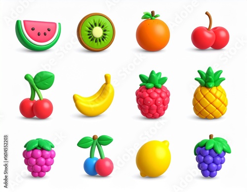 Sweet fruits icon set. Watermelon, kiwi, orange, cherry, strawberry, raspberry, pinea