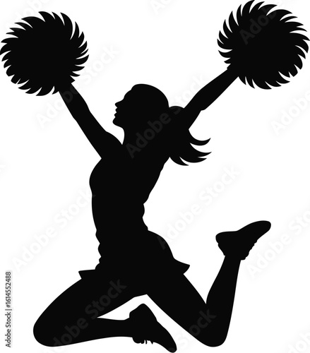 Energetic cheerleader jumping with pom poms silhouette