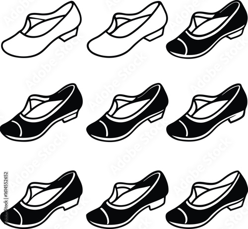 Nine Stylish Low-Heeled Mary Jane Shoes; Black and White Line Art; Simple Elegant Design