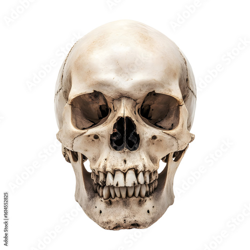 Realistic human skull front view isolated on transparent background for medical or halloween themes