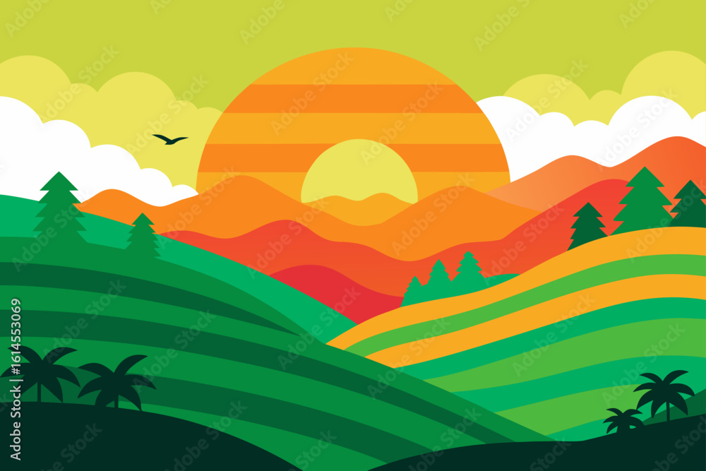 Obraz premium Vibrant sunset over rolling hills and lush green fields with silhouetted trees and palm trees