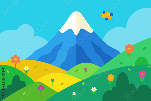 Vibrant flat illustration of a snow capped mountain surrounded by rolling green hills dotted with colorful flowers and a friendly bee flying