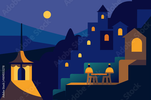 A stylized minimalist illustration of a european village nestled into a hillside under a full moon at night