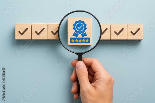 Quality Examination: A detailed inspection of a quality seal, underscored by five-star ratings and multiple checks, highlighting a dedication to excellence and superior service. 