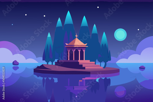 Tranquil night scene featuring a serene pavilion on a small island surrounded by calm water and a backdrop of stylized mountains and clouds