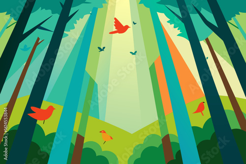 Vibrant abstract forest scene with stylized trees birds in flight and dramatic sunbeams illuminating the lush green landscape