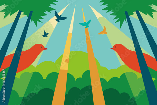 Vibrant forest scene with birds soaring through sunbeams and lush green foliage creating a lively and colorful natural landscape