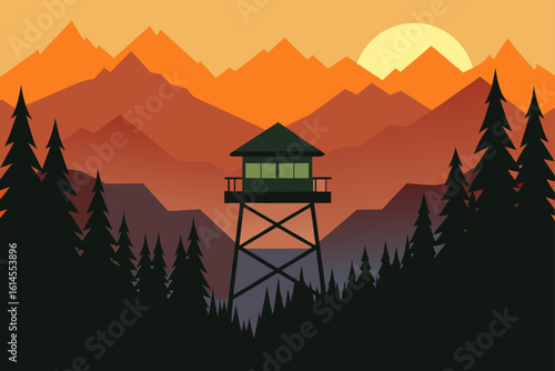A solitary fire lookout tower stands tall amidst a majestic mountain range during a vibrant sunset silhouetted by evergreen trees