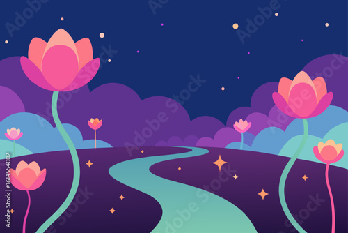 Enchanting night landscape with glowing flowers a winding river and a starry sky creating a dreamlike magical atmosphere
