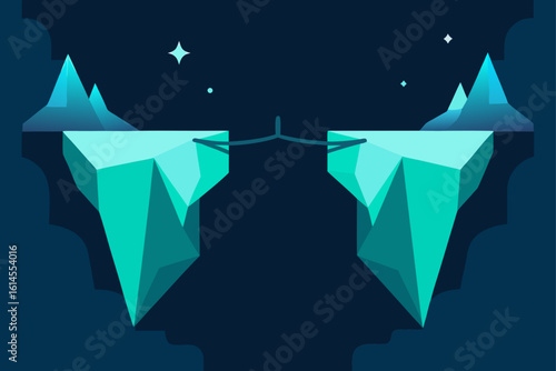A stylized illustration of two floating icebergs connected by a thin rope bridge under a starry night sky