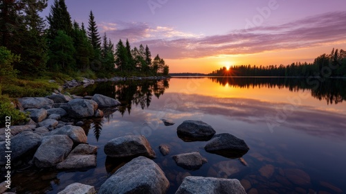 Fototapeta Naklejka Na Ścianę i Meble -  Sunset reflection over calm lake tranquil nature scene northern wilderness serene landscape peaceful viewpoint