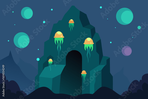 Mysterious underwater cave with glowing jellyfish and celestial orbs in a dark alien landscape