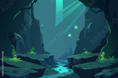 Mysterious subterranean cavern illuminated by ethereal light shafts and glowing orbs with a winding river flowing through rocky formations