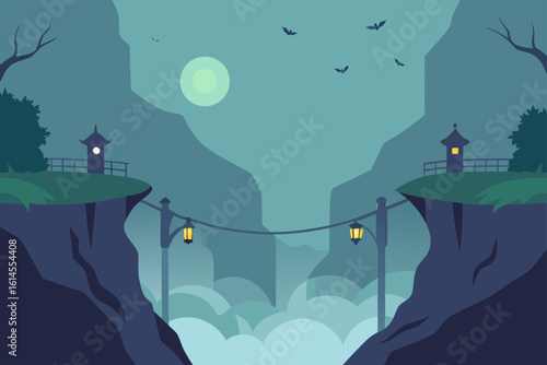 Mystical mountain gorge with pagodas and lanterns illuminated by a pale moon
