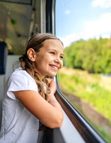 Girl looking out train window