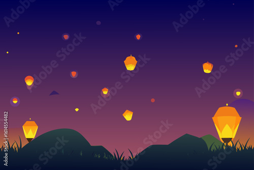 A serene twilight scene unfolds as numerous glowing paper lanterns ascend into the deep purple sky above rolling hills and silhouetted grass