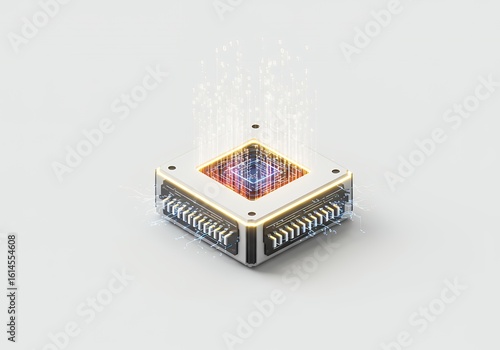 Modern quantum computer core with binary data stream for futuristic innovation and high technology
