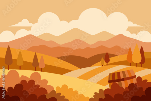 Autumn landscape with rolling hills stylized trees and a barrel under a cloudy sky