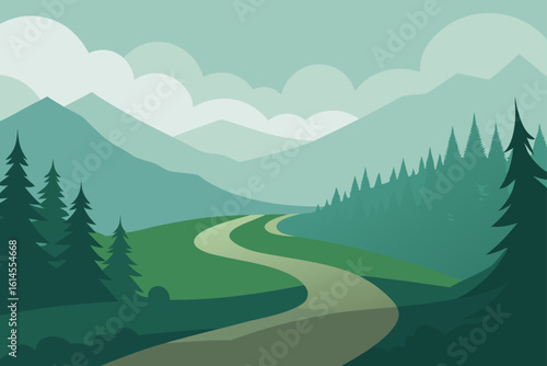 Serene mountain landscape with winding road and evergreen forest under a cloudy sky