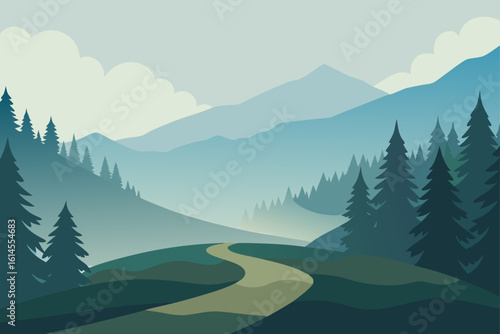 Serene mountain landscape with winding path and evergreen trees under a hazy sky