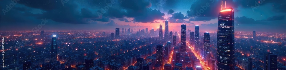Fototapeta premium A futuristic cityscape at night, gleaming skyscrapers reaching towards a starry sky, hinting at technological advancement and boundless possibilities , buildings, potential future, dreams