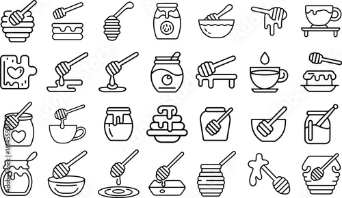Honey dipper line icons set