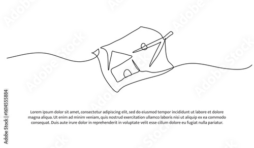 One line of making house sketches. Abstract minimal continuous line.