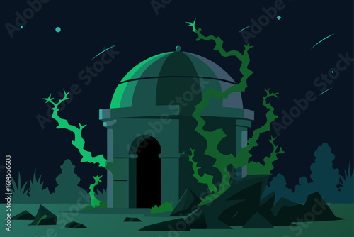Eerie abandoned structure under a starry night sky with glowing green vines and celestial streaks across the dark expanse