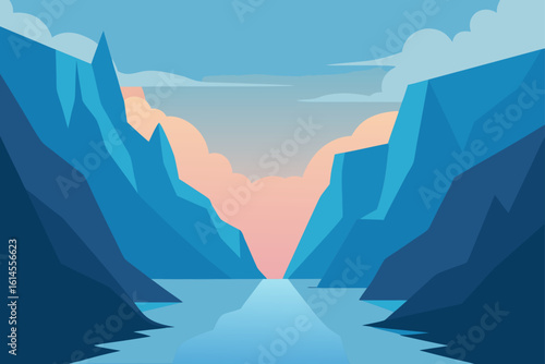 Serene mountain canyon landscape with a calm river reflecting the soft hues of a pastel sky at dusk