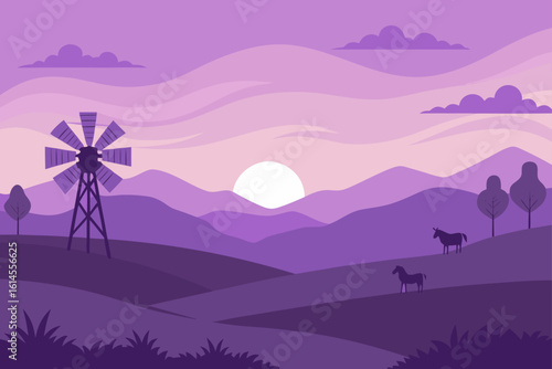 Serene purple landscape featuring a silhouette of a windmill rolling hills distant mountains trees clouds and horses under a bright sun