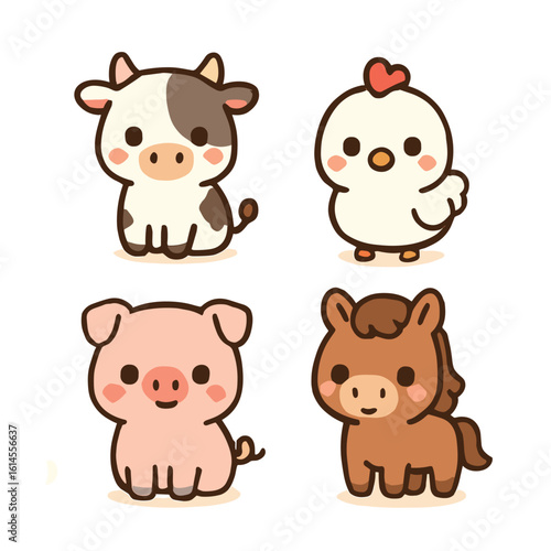 Four Adorable Kawaii Farm Animals: Cow, Chick, Pig, and Horse